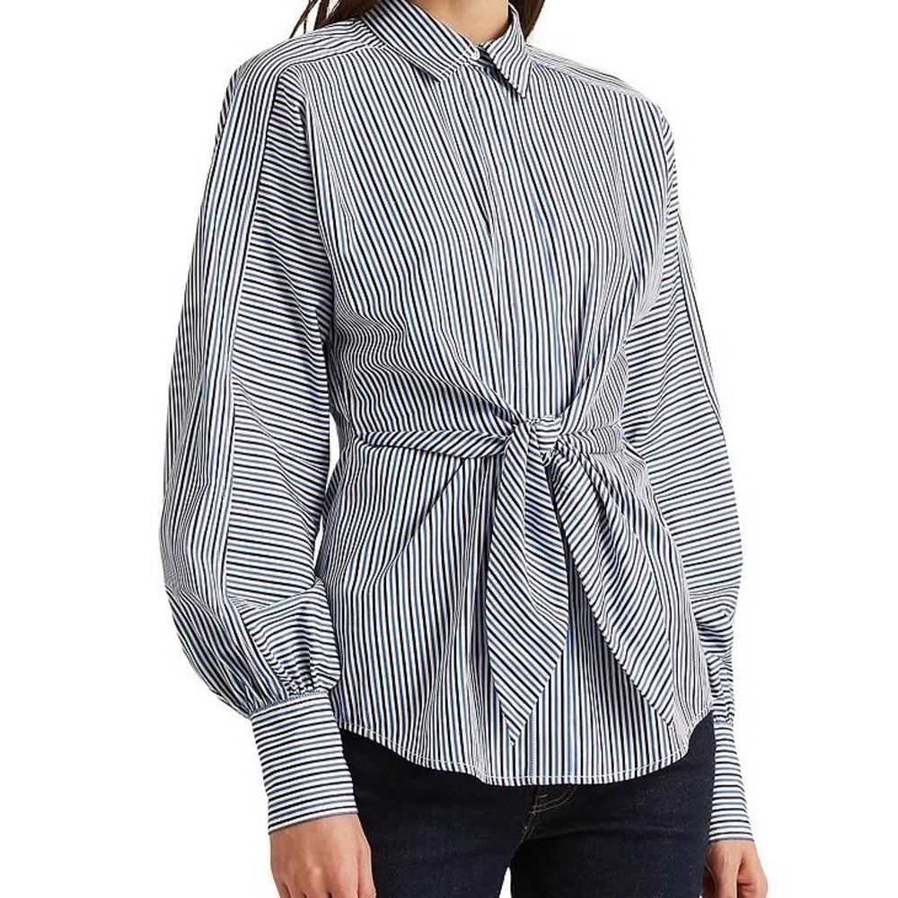 Ralph Lauren Puff Sleeve‎ Tie Waist Blue Pinstriped Button Up Shirt size Medium